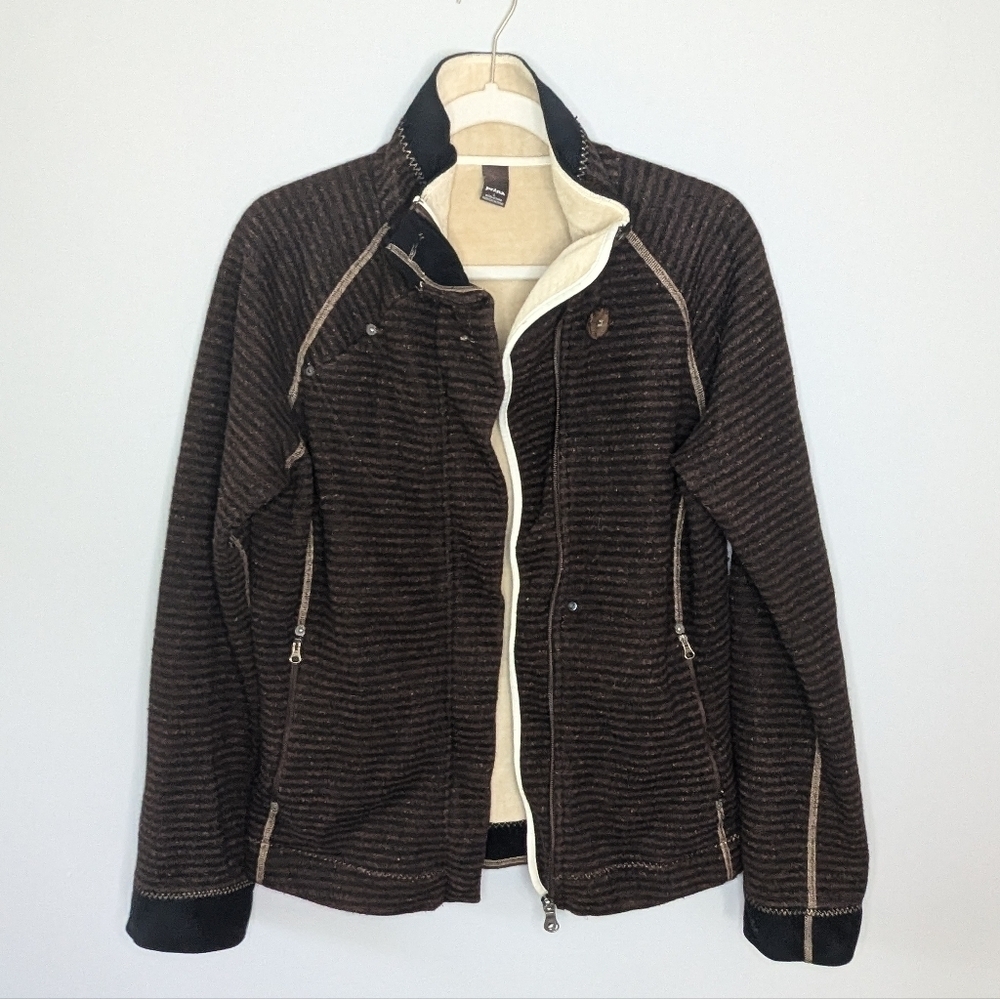 prAna Women's brown Wool Knit Hooded Fitted Zippered Plush-Lined Jacket Large - Picture 8 of 8